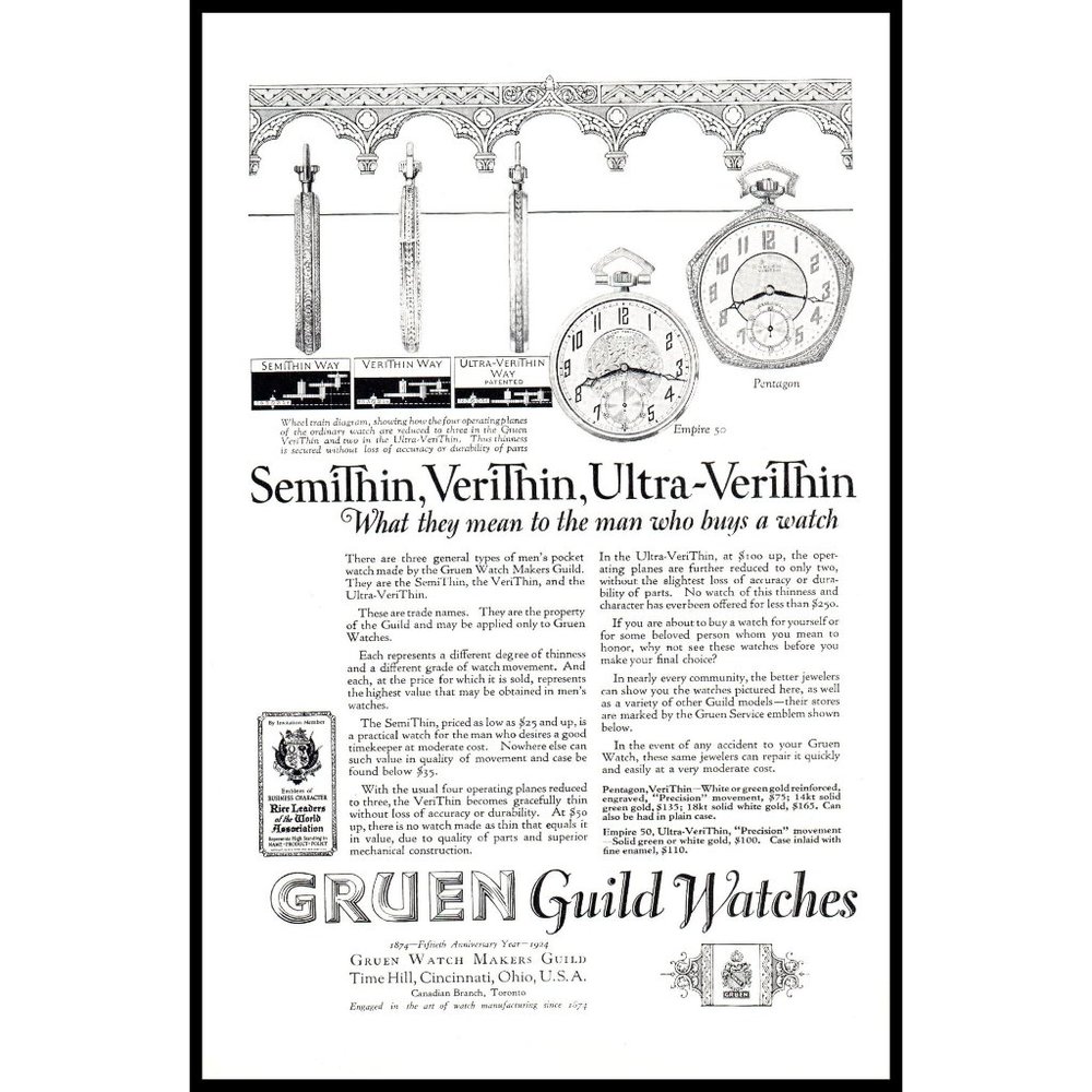 1924 Gruen Guild Watches Vintage Print Ad Pocket Watch Empire Pentagon Wall Art